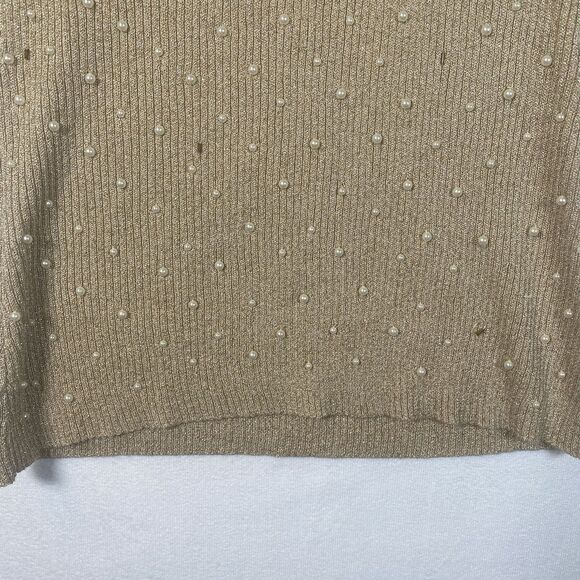 Cache Gold Metallic Pearl Embellished Mock Neck Sweater M Back Zip Beaded Knit - Picture 7 of 11